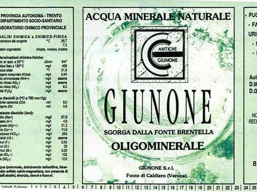 Etichetta dell'acqua minerale naturale Giunone